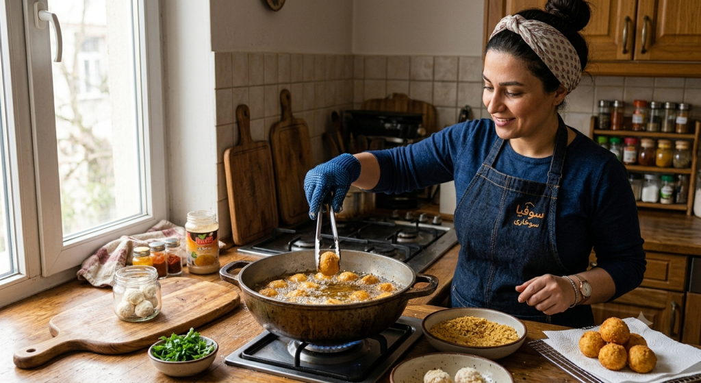 a woman cooking in a kitchen